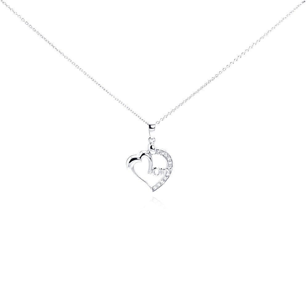 Silver 925 Clear CZ Rhodium Plated Mom Heart Pendant Necklace - STP00242 | Silver Palace Inc.
