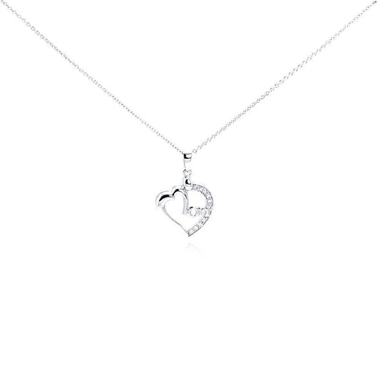 Silver 925 Clear CZ Rhodium Plated Mom Heart Pendant Necklace - STP00242 | Silver Palace Inc.