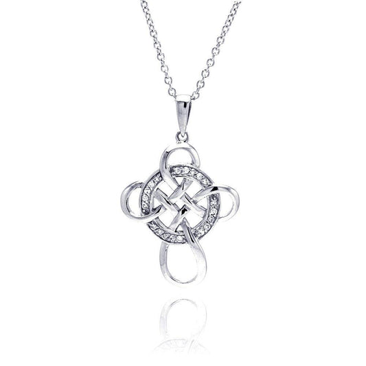 Silver 925 Clear CZ Rhodium Plated Cross Round Pendant Necklace - STP00308 | Silver Palace Inc.