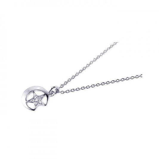 Silver 925 Clear CZ Rhodium Plated Sun Star Pendant Necklace - STP00387 | Silver Palace Inc.