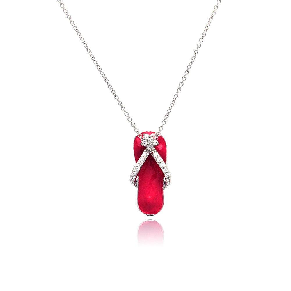 Silver 925 Clear CZ Rhodium Plated Pink Colored Flip Flop Pendant Necklace - STP00402PNK | Silver Palace Inc.