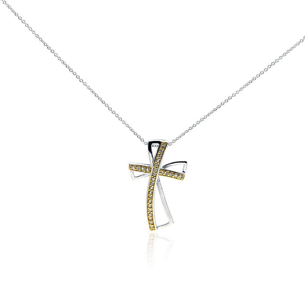 Closeout-Silver 925 Clear CZ Rhodium Plated Gold Plated Cross Pendant Necklace - STP00405 | Silver Palace Inc.