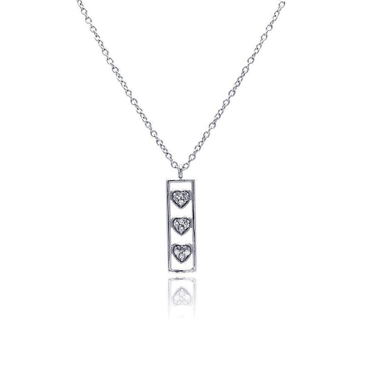 Silver 925 Clear CZ Rhodium Plated Bar Trio Hearts Pendant Necklace - STP00411 | Silver Palace Inc.