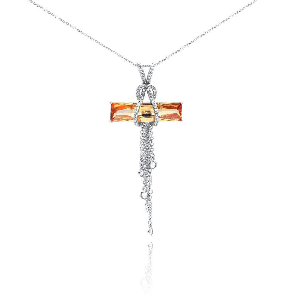 Silver 925 Rhodium Plated Champagne CZ Hanging Strand Pendant Necklace - STP00465CH | Silver Palace Inc.