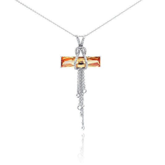 Silver 925 Rhodium Plated Champagne CZ Hanging Strand Pendant Necklace - STP00465CH | Silver Palace Inc.