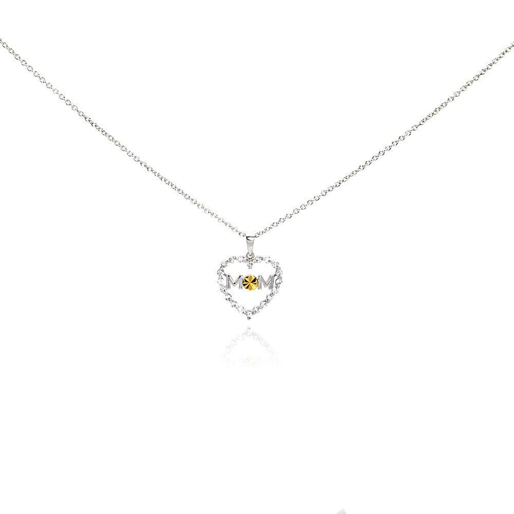 Silver 925 Rhodium Plated Yellow O CZ Heart Mom Pendant Necklace - STP00504 | Silver Palace Inc.