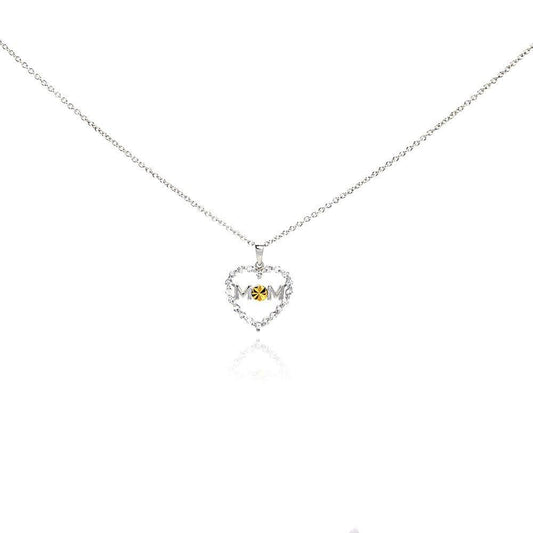 Silver 925 Rhodium Plated Yellow O CZ Heart Mom Pendant Necklace - STP00504 | Silver Palace Inc.