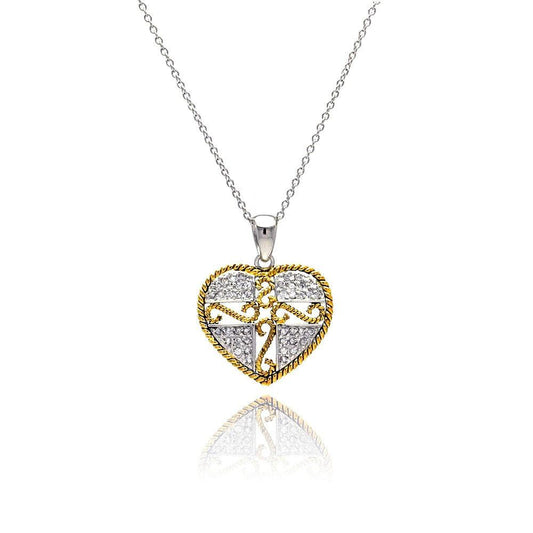 Closeout-Silver 925 Gold and Silver Rhodium Plated Micro Pave Heart Filigree CZ Dangling Necklace - STP00520 | Silver Palace Inc.