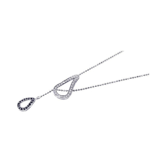 Closeout-Silver 925 Rhodium Plated Two Teardrop Black and Clear CZ Wire Dangling Necklace - STP00583 | Silver Palace Inc.