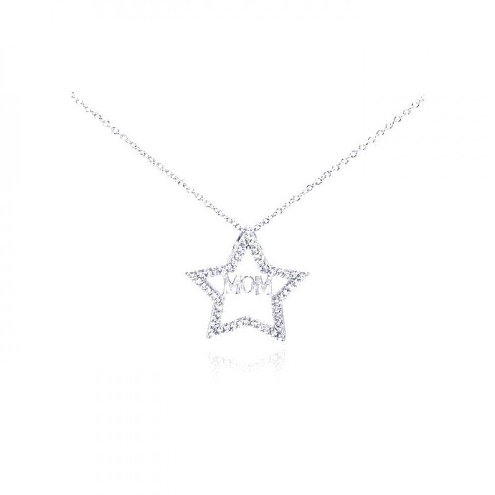 Silver 925 Rhodium Plated Clear CZ Mom Star Pendant Necklace - STP00620 | Silver Palace Inc.