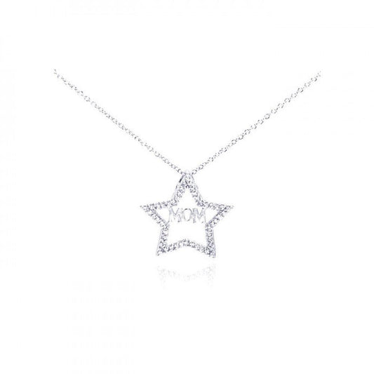 Silver 925 Rhodium Plated Clear CZ Mom Star Pendant Necklace - STP00620 | Silver Palace Inc.