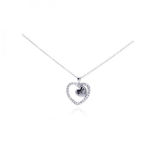 Silver 925 Rhodium Plated Clear CZ Engraved "Mom" Heart Pendant Necklace - STP00632 | Silver Palace Inc.