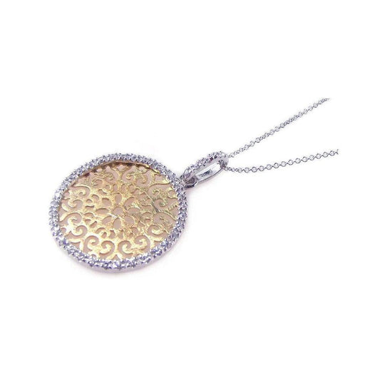 Closeout-Silver 925 Gold and Rhodium Plated Clear CZ Round Circle Pendant Necklace - STP00646 | Silver Palace Inc.