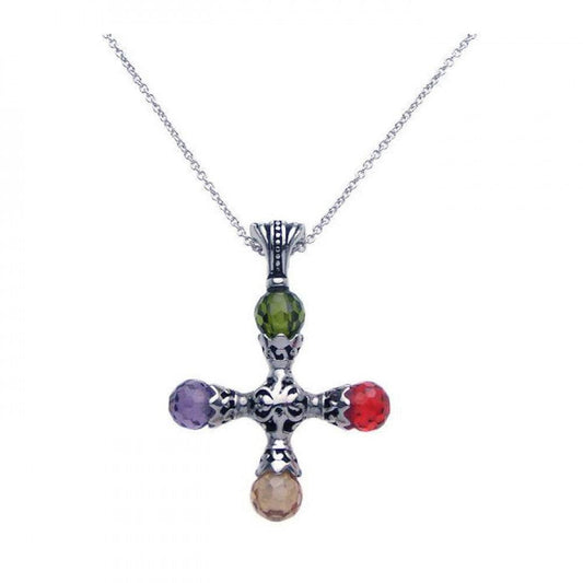 Closeout-Silver 925 Rhodium Plated Colorful Stones Cross Pendant Necklace - STP00687 | Silver Palace Inc.