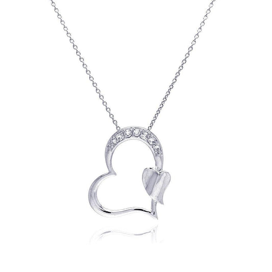 Silver 925 Rhodium Plated Clear CZ Heart Pendant Necklace - STP00688 | Silver Palace Inc.
