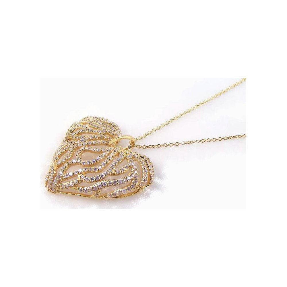 Closeout-Silver 925 Gold Plated Clear CZ Heart Pendant Necklace - STP00764 | Silver Palace Inc.