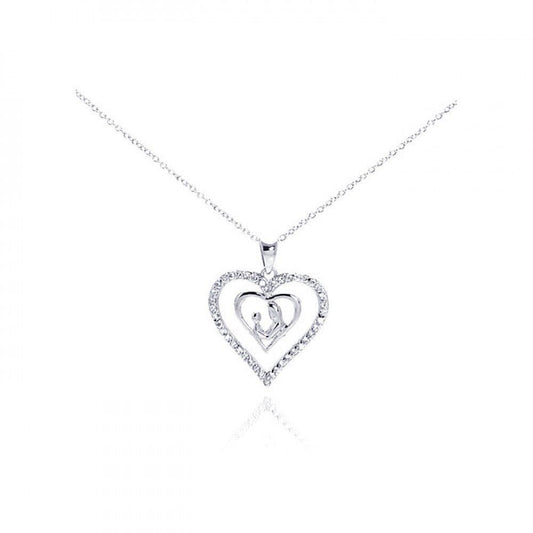 Silver 925 Rhodium Plated Clear CZ Figurine Heart Pendant Necklace - STP00765 | Silver Palace Inc.