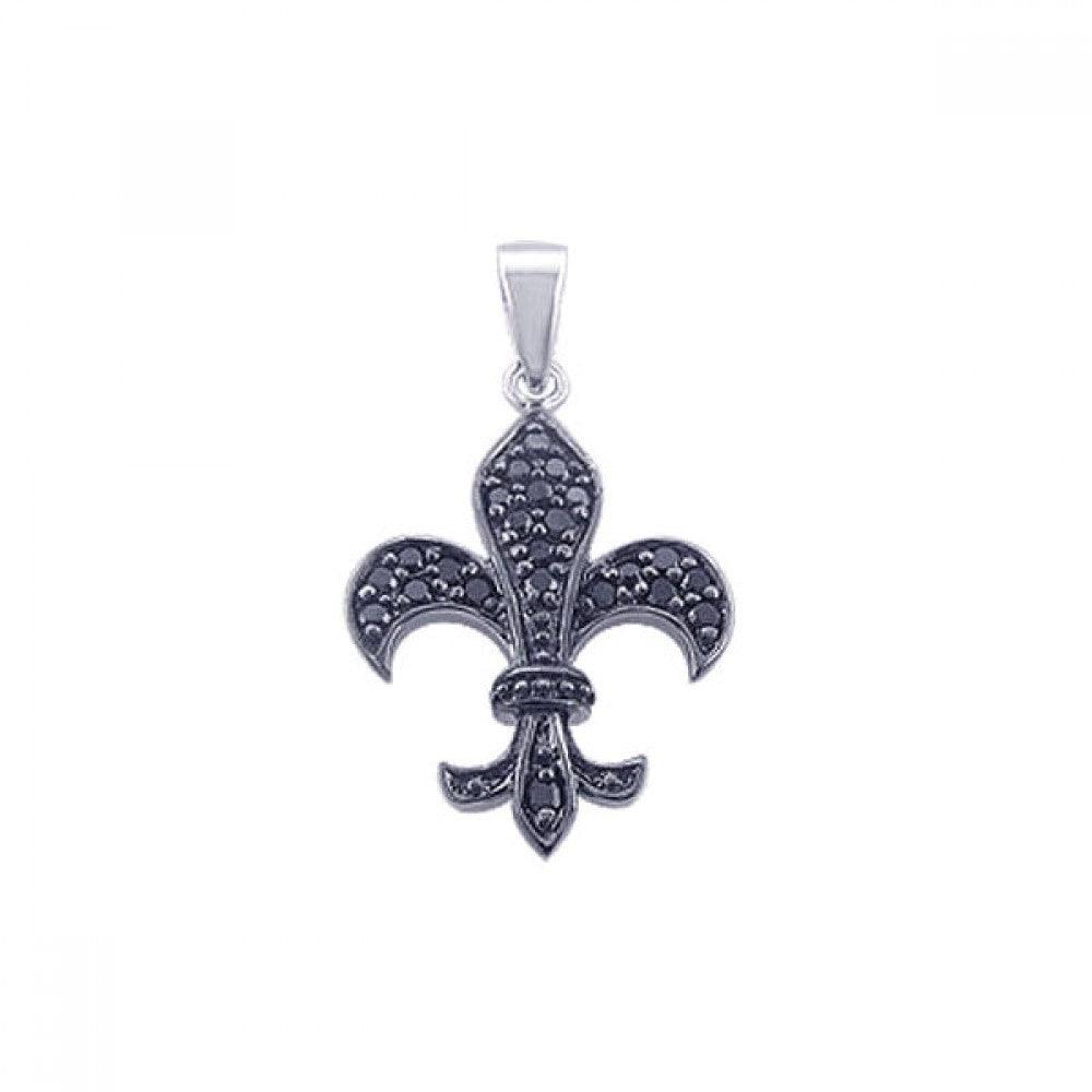 Silver 925 Black Rhodium Plated Black CZ Flor De Lis Pendant - STP00768 | Silver Palace Inc.
