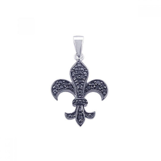 Silver 925 Black Rhodium Plated Black CZ Flor De Lis Pendant - STP00768 | Silver Palace Inc.