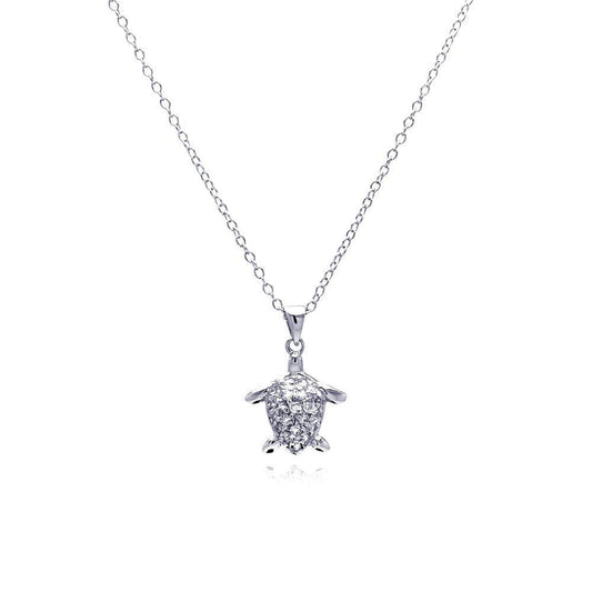 Silver 925 Rhodium Plated Clear CZ Turtle Pendant Necklace - STP00795 | Silver Palace Inc.