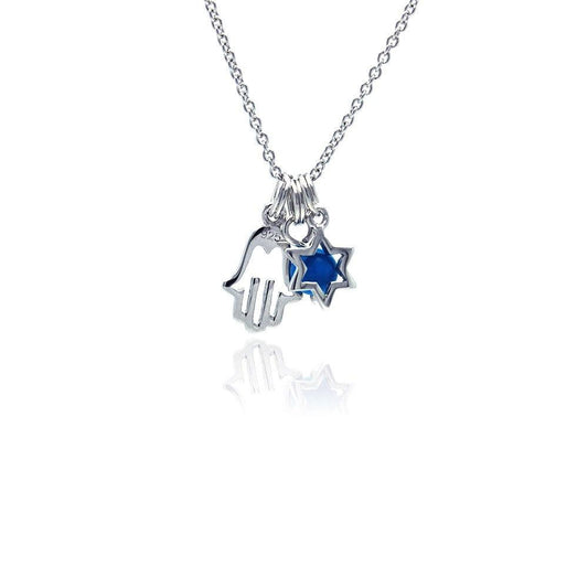 Silver 925 Rhodium Plated Clear CZ Hamsa and Star Pendant Necklace - STP00827 | Silver Palace Inc.