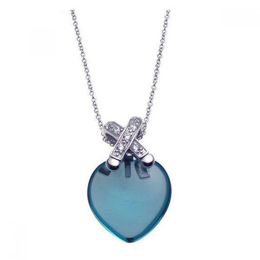 Closeout-Silver 925 Rhodium Plated Clear and Teal CZ Heart Pendant Necklace - STP00924 | Silver Palace Inc.
