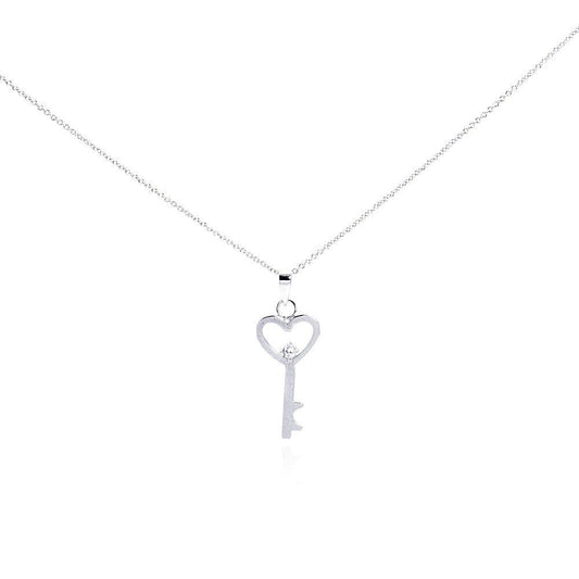 Silver 925 Rhodium Plated Clear CZ Heart Key Pendant Necklace - STP00944 | Silver Palace Inc.