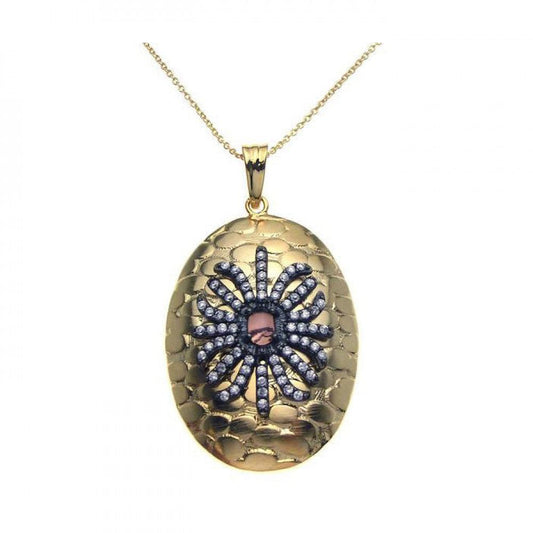 Closeout-Silver 925 Black Rhodium and Gold Plated Clear CZ Round Pendant Necklace - STP00949 | Silver Palace Inc.