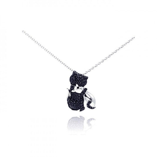 Silver 925 Rhodium Plated Clear CZ Black Kitty Pendant Necklace - STP00969 | Silver Palace Inc.