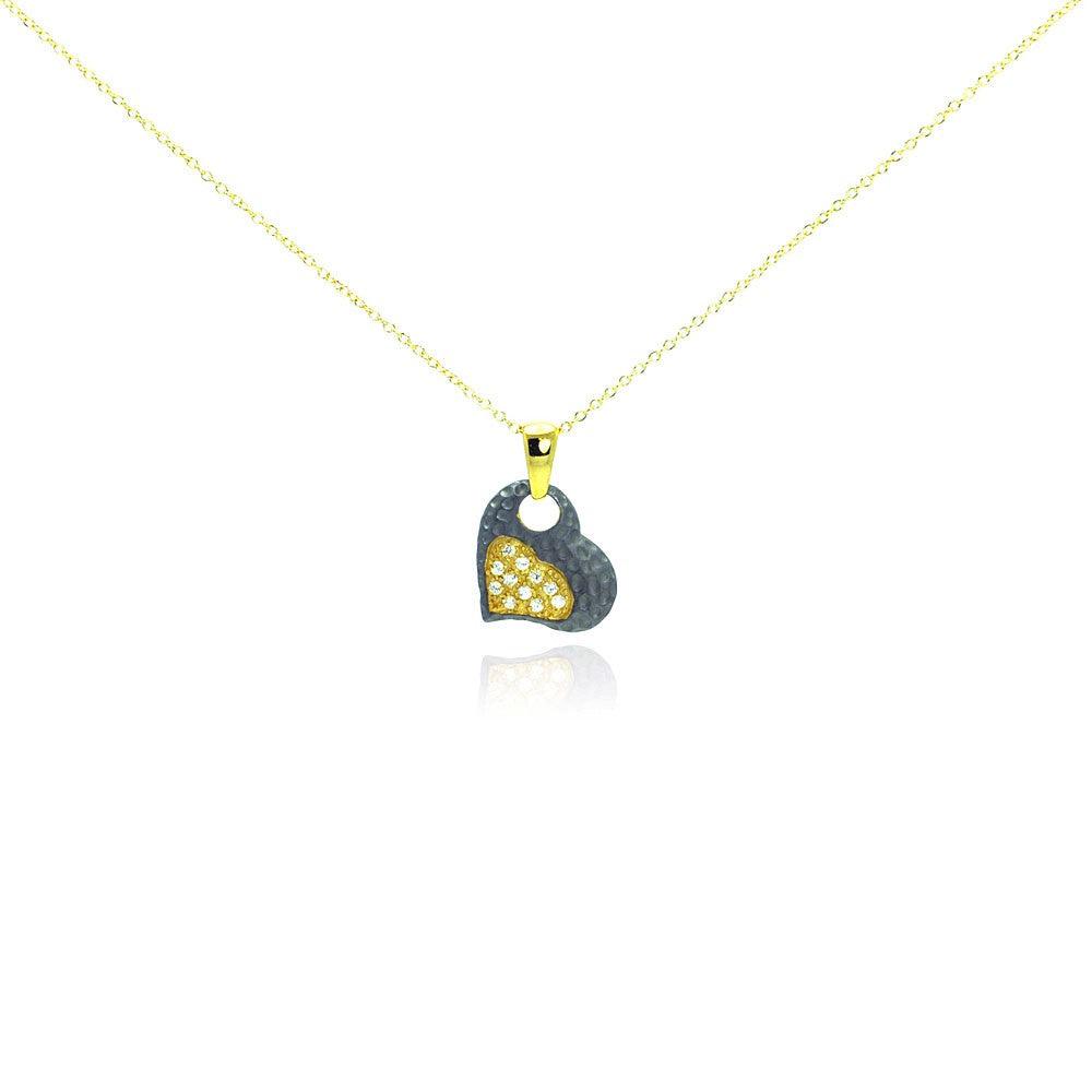 Closeout-Silver 925 Gold Plated and Matte Black Rhodium Finish Clear CZ Heart Pendant Necklace - STP00984 | Silver Palace Inc.