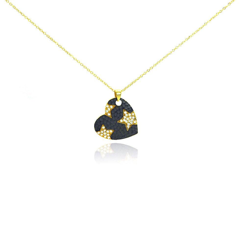 Closeout-Silver 925 Gold Plated and Matte Black Rhodium Finish Clear CZ Star Heart Pendant Necklace - STP00987 | Silver Palace Inc.