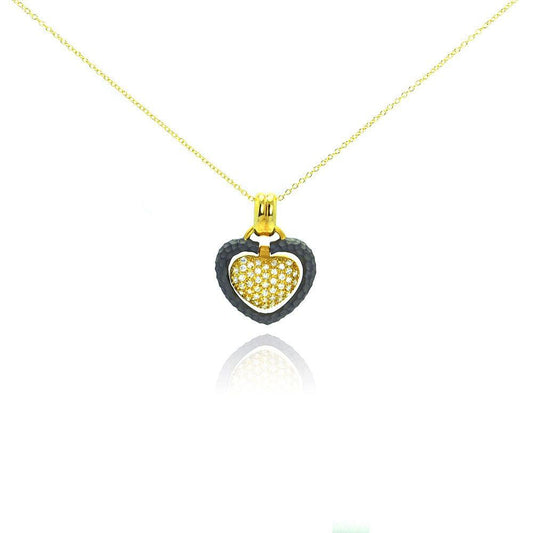 Closeout-Silver 925 Gold Plated and Matte Black Rhodium Finish Clear CZ Heart Pendant Necklace - STP00989 | Silver Palace Inc.