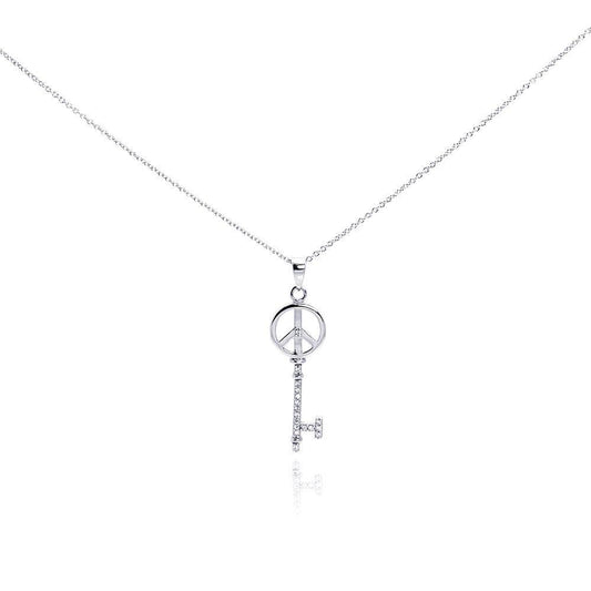 Silver 925 Rhodium Plated Clear CZ Peace Key Pendant Necklace - STP00991 | Silver Palace Inc.