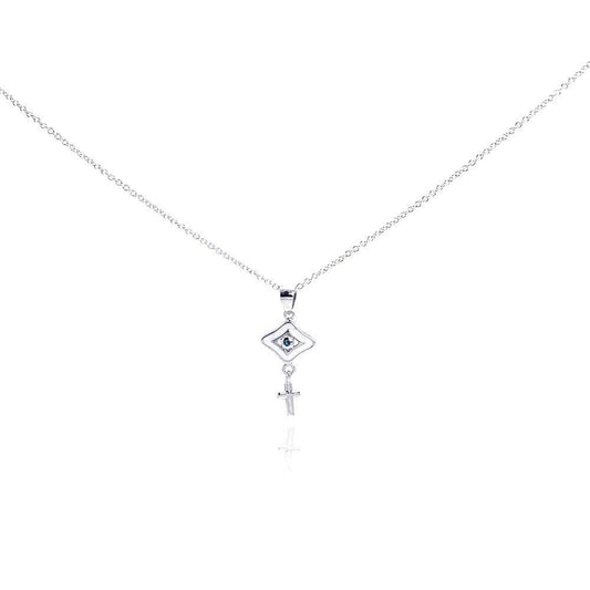Silver 925 Rhodium Plated Clear CZ Cross Evil Eye Pendant Necklace - STP01010 | Silver Palace Inc.