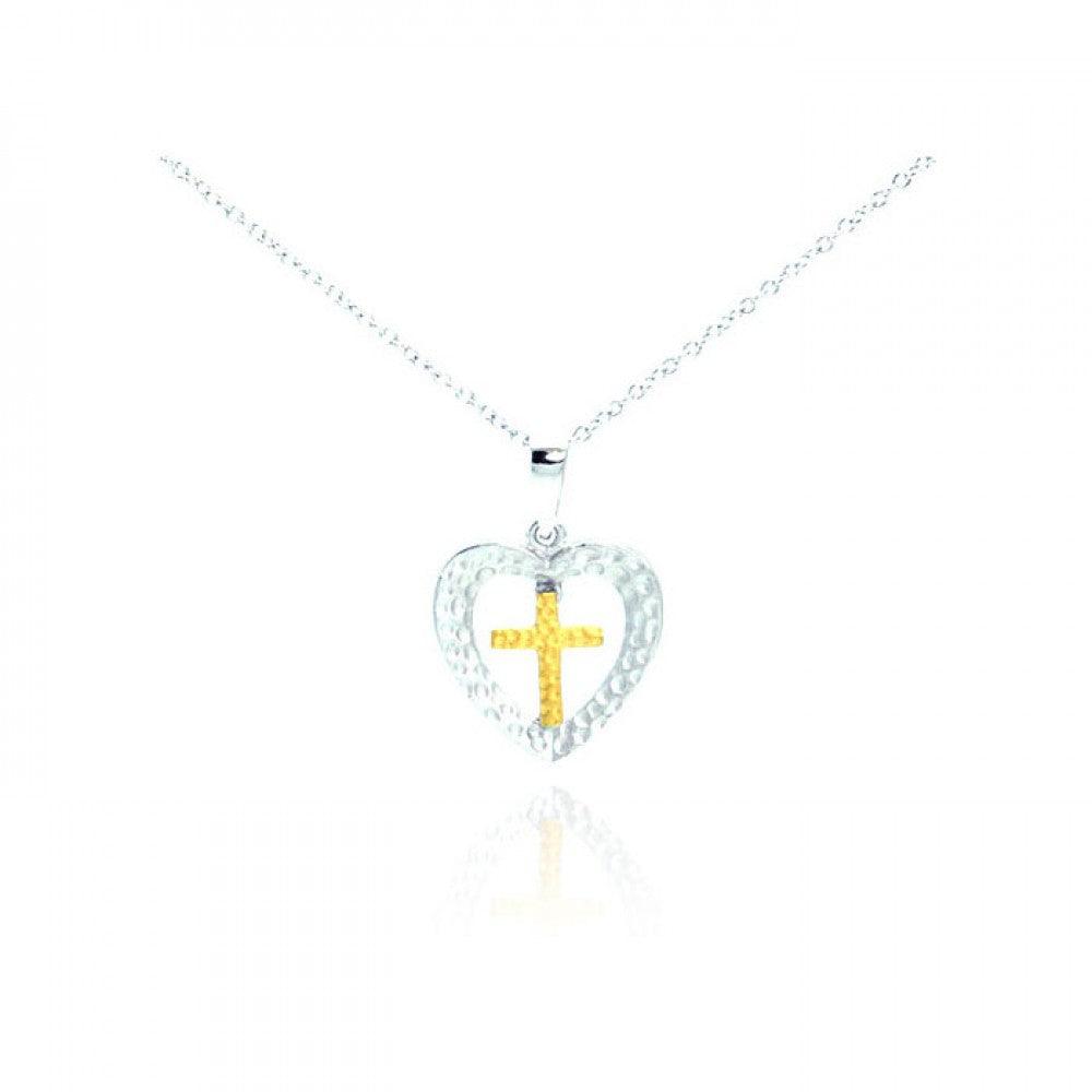 Closeout-Silver 925 Rhodium and Gold Plated Clear CZ Cross Heart Pendant Necklace - STP01066 | Silver Palace Inc.