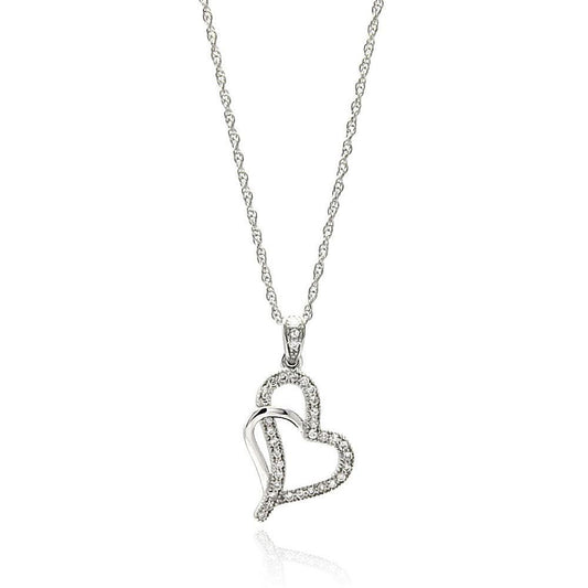 Silver 925 Rhodium Plated Clear CZ Heart Pendant Necklace - STP01351 | Silver Palace Inc.