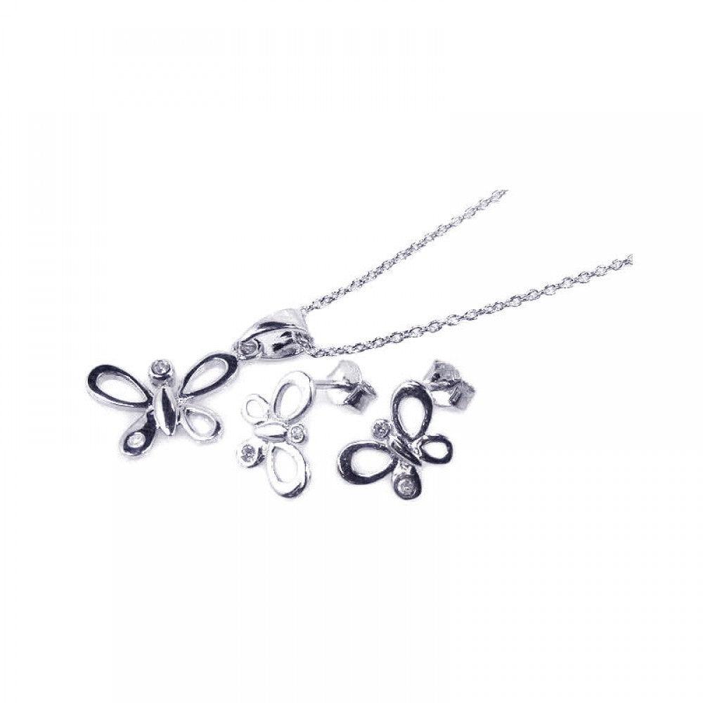 Silver 925 Rhodium Plated Open Butterfly CZ Stud Earring and Necklace Set - STS00161 | Silver Palace Inc.