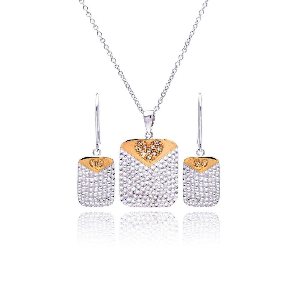 Closeout-Silver 925 Rhodium and Gold Plated Clear Heart Dog Tag CZ Dangling Stud Earring and Necklace Set - BGS00040 | Silver Palace Inc.