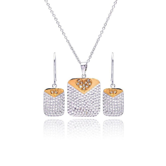 Closeout-Silver 925 Rhodium and Gold Plated Clear Heart Dog Tag CZ Dangling Stud Earring and Necklace Set - BGS00040 | Silver Palace Inc.