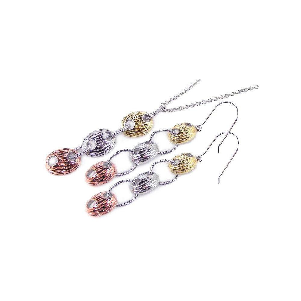 Closeout-Silver 925 Rhodium Gold Rose Gold Plated Multi Tone Dangling Hook Earring and Dangling Necklace Set - BGS00046 | Silver Palace Inc.