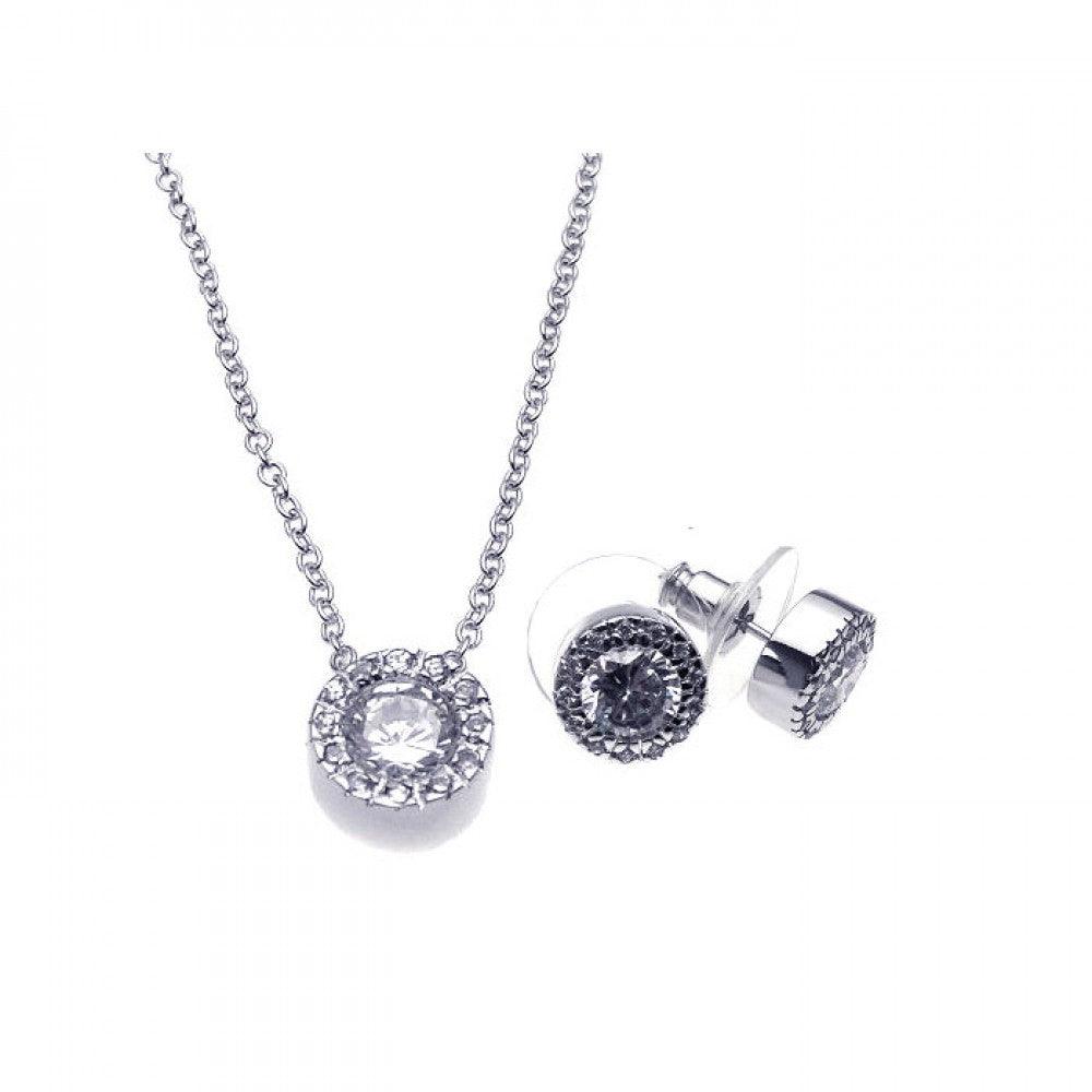 Silver 925 Rhodium Plated Clear Round Pave Set CZ Stud Earring and Necklace Set - BGS00081 | Silver Palace Inc.