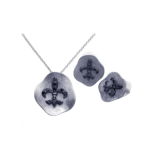 Closeout-Silver 925 Rhodium Plated Matte Finish Fleur De Lis Crest Black CZ Stud Earring and Necklace Set - BGS00094 | Silver Palace Inc.