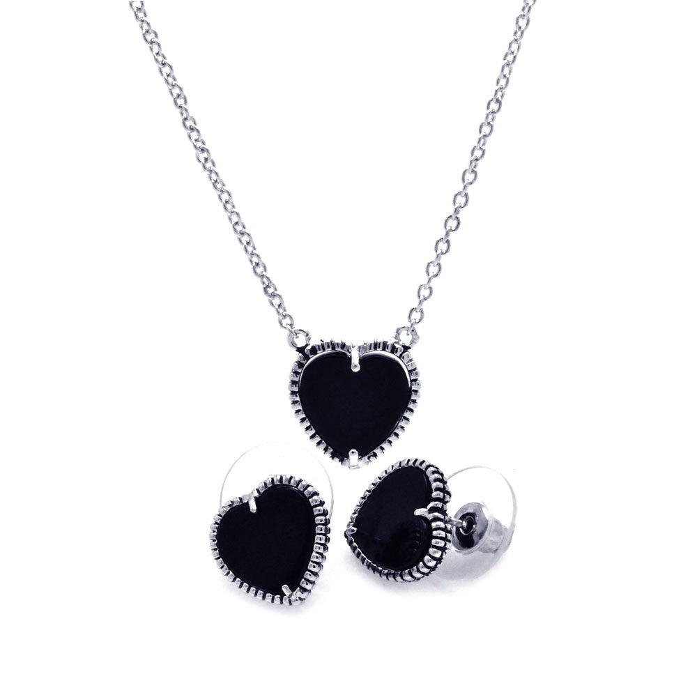 Silver 925 Rhodium Plated Black Onyx Heart Stud Earring and Necklace Set - BGS00112 | Silver Palace Inc.