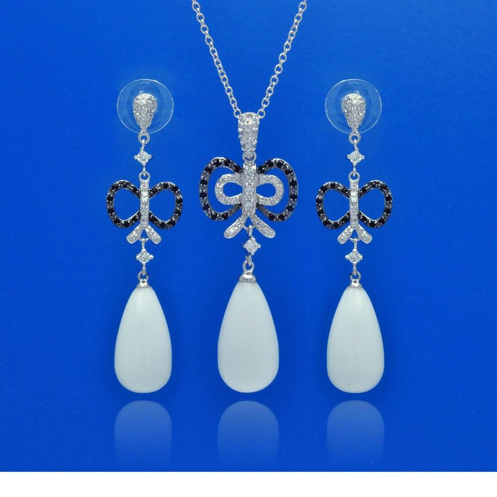 Closeout-Silver 925 Rhodium and Oxidized Plated White Teardrop Ribbon Black and Clear CZ Dangling Stud Earring and Dangling Necklace Set - BGS00119 | Silver Palace Inc.