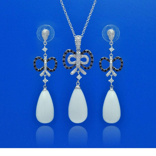 Closeout-Silver 925 Rhodium and Oxidized Plated White Teardrop Ribbon Black and Clear CZ Dangling Stud Earring and Dangling Necklace Set - BGS00119 | Silver Palace Inc.