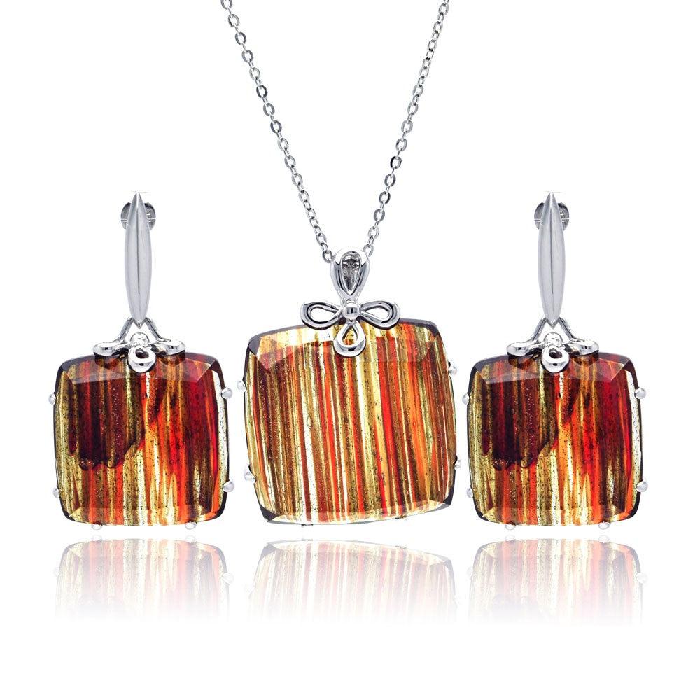 Closeout-Silver 925 Rhodium Plated Sandstone Square Stud Earring and Necklace Set - BGS00123 | Silver Palace Inc.