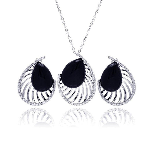 Closeout-Silver 925 Rhodium Plated Black Onyx Teardrop Filigree Clear CZ Stud Earring and Necklace Set - BGS00124 | Silver Palace Inc.