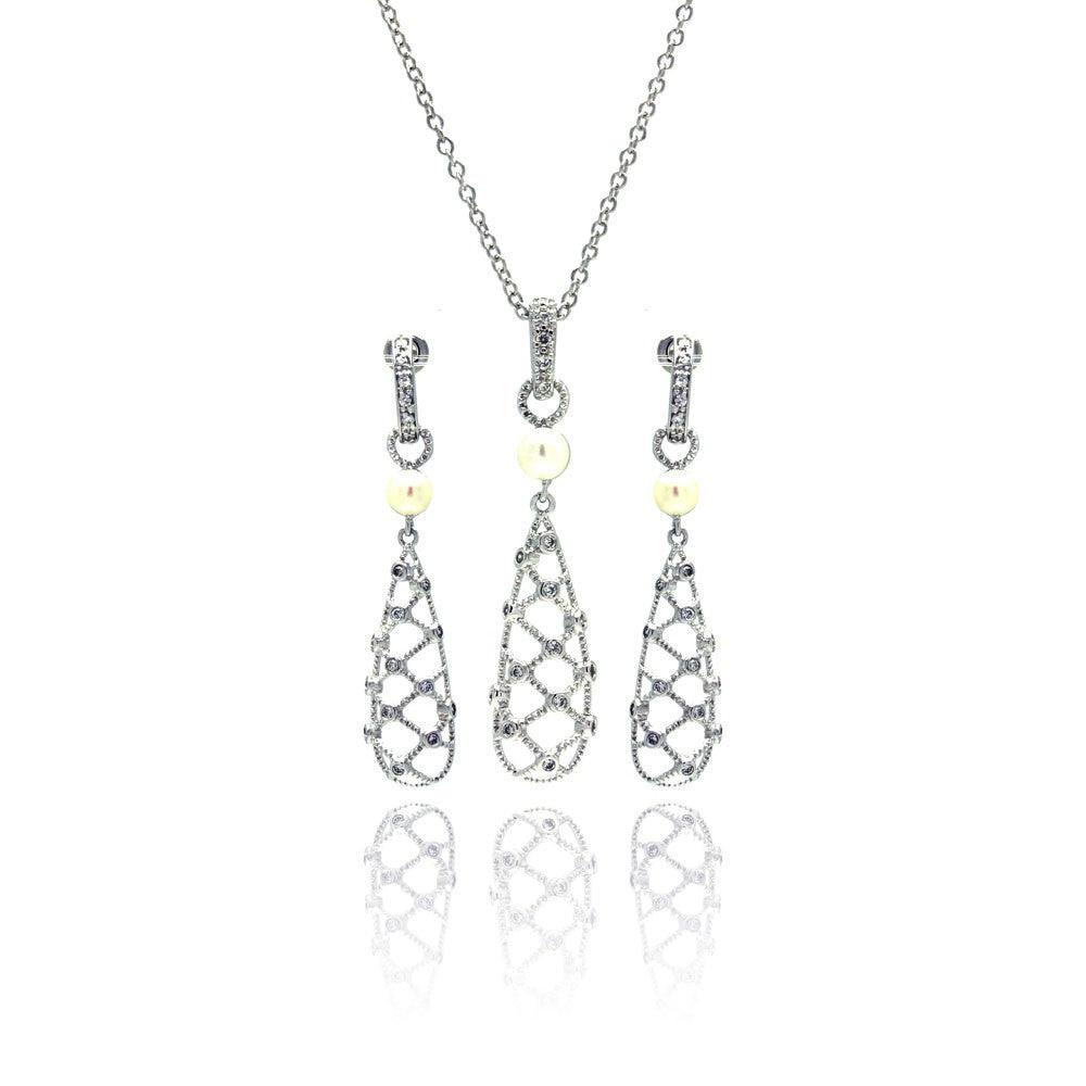 Silver 925 Rhodium Plated Fishnet Drop Pearl Clear CZ Dangling Stud Earring and Dangling Necklace Set - BGS00143 | Silver Palace Inc.