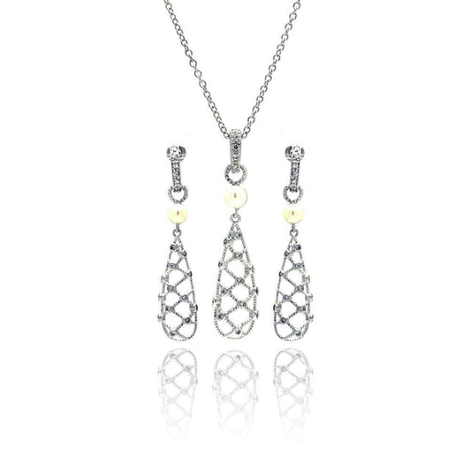 Silver 925 Rhodium Plated Fishnet Drop Pearl Clear CZ Dangling Stud Earring and Dangling Necklace Set - BGS00143 | Silver Palace Inc.