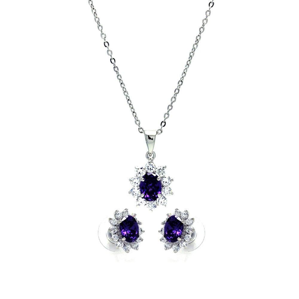 Silver 925 Rhodium Plated Purple and Clear Cluster Flower CZ Stud Earring and Dangling Necklace Set - BGS00160 | Silver Palace Inc.